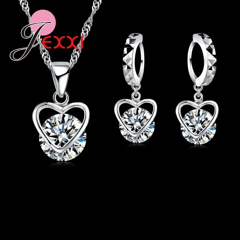 

Shining Crystal Heart Necklace 925 Sterling Silver Drop Earrings Women Bride Wedding Jewelry Sets Best Gift For Lovers