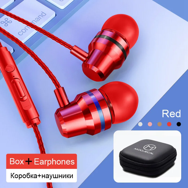 Red with Box MOOJECAL в ухо Проводные 3,5 мм наушники музыкальные наушники для Xiaomi samsung Iphone смартфон с микрофоном Проводная гарнитура - Цвет: Red with Box