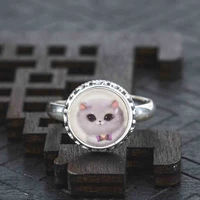 cute cat jewelry classic glass cabochon statement real solid 925 sterling silver ring fashion collares fine jewelry women