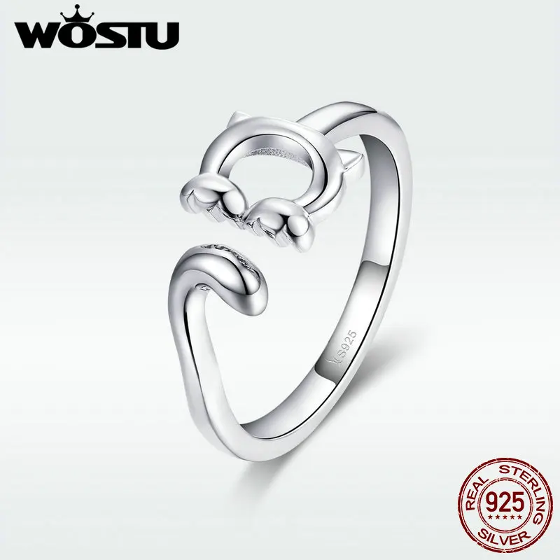 WOSTU подлинное 925 пробы серебряное Китти кот длинный хвост кольцо для свадьбы