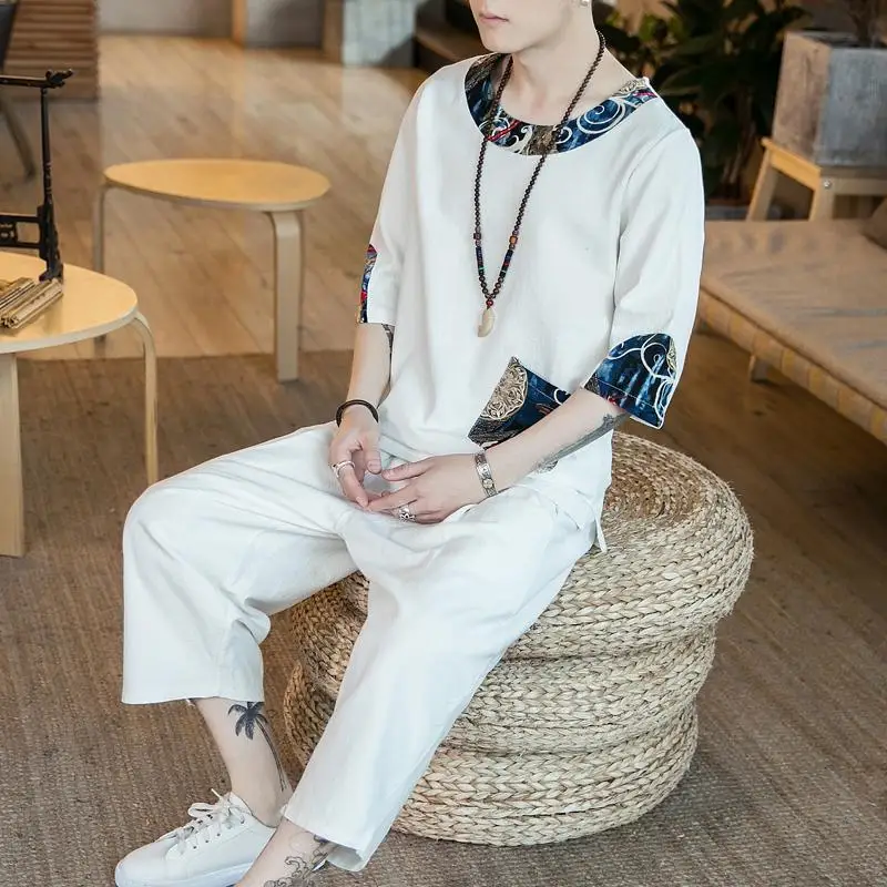 LOLDEAL Китайский Мужской комплект с рукавами и вышитыми цветами из хлопка льна