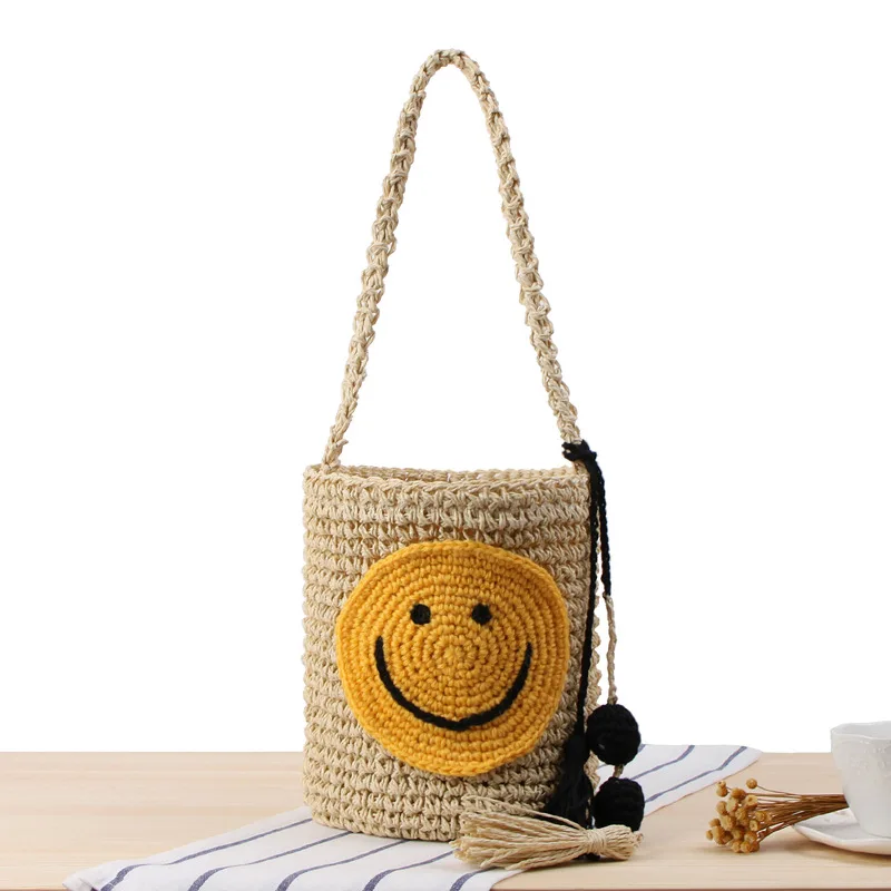 she said/ins 2018 Fashion New Deign Summer Beach Bag Straw Handmade Shoulder Smile Face Tassel Ball Crossbody | Багаж и сумки