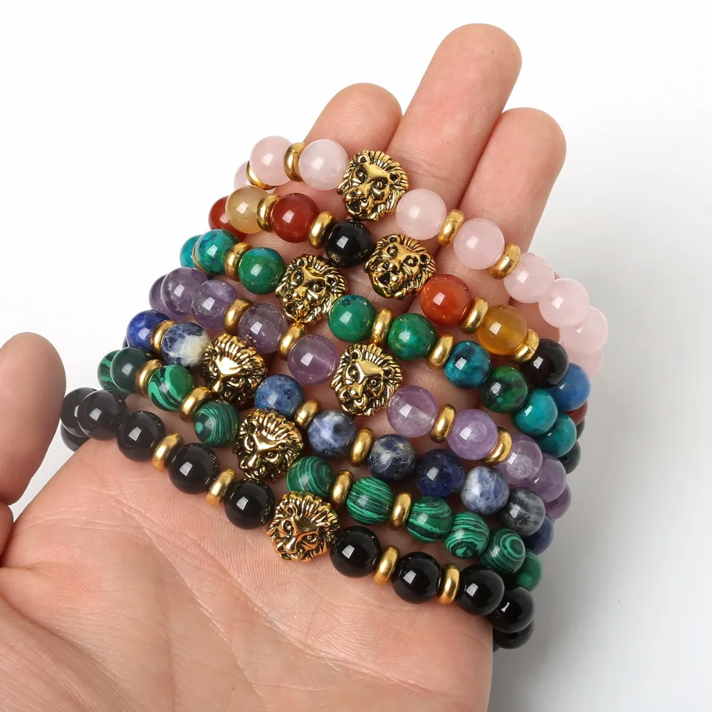 Оптовая продажа античный золотой тон голова льва браслет Роза quart Малахитовый