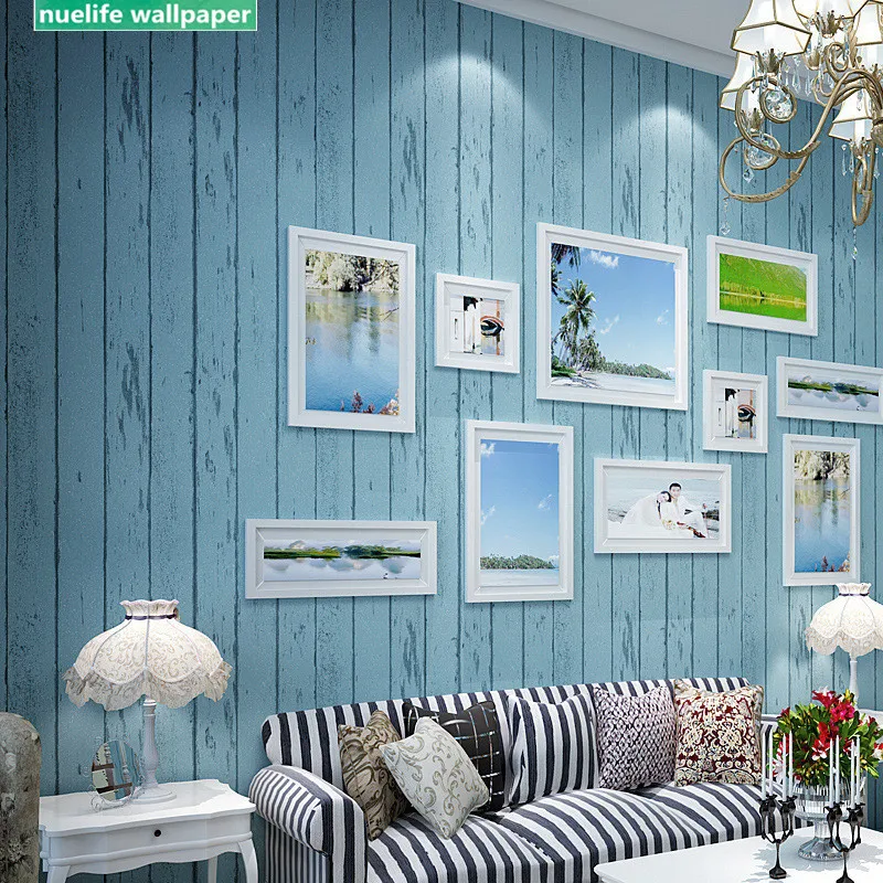 

Mediterranean style blue wood pattern non-woven study bedroom living room kids room cafe Internet cafe TV background wall paper
