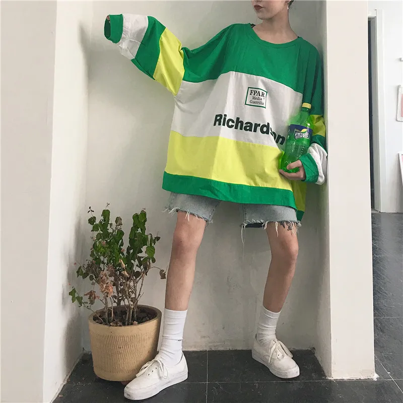 Camisetas Mujer Осенняя одежда в Корейском стиле Ulzzang Harajuku Лоскутная футболка с длинными