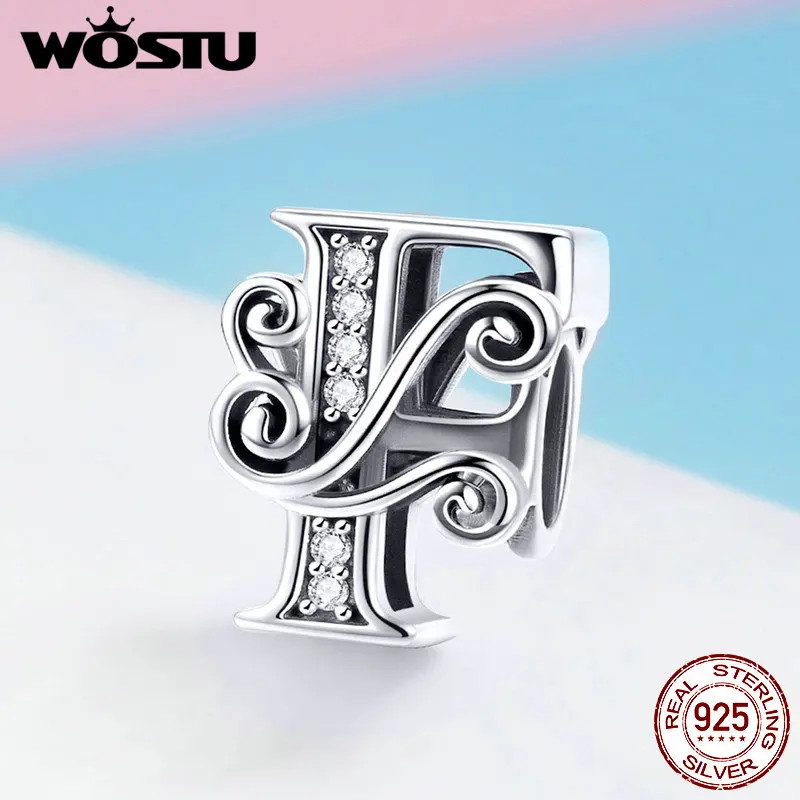 Letter F WOSTU 925 пробы серебряные буквы A-Z CZ камень бисер Подходит для женщин браслет ожерелье Мода Бижутерия подарок BNC030 - Цвет: Letter F