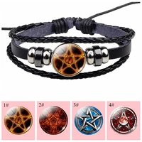 fire pentagram glass cabochon bracelet bangle black rope charm bracelet occult wiccan jewelry men women fashion accessories