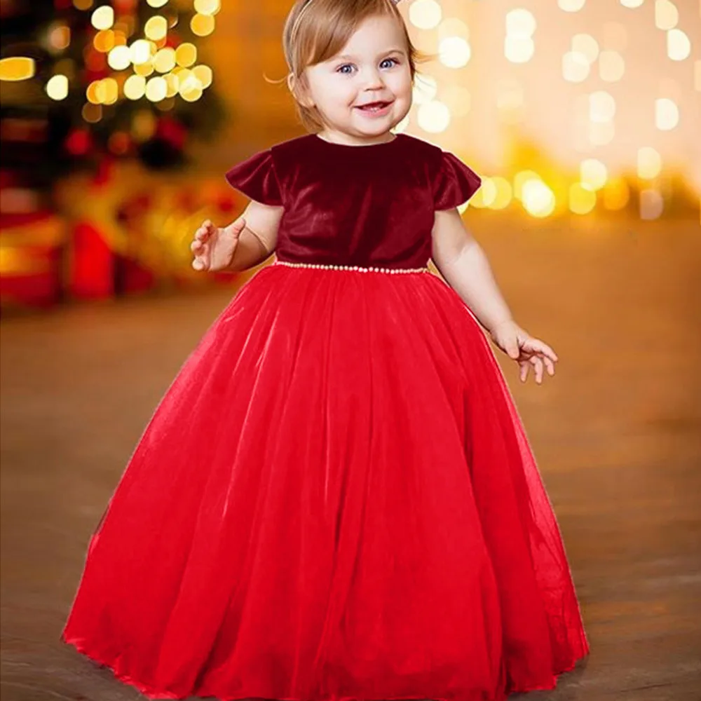 Toddler Baby Girls Kids Fly Sleeve Solid Pearl Party girls dresses summer 2017 kids Princess Wedding Dress JAN25 | Детская одежда и