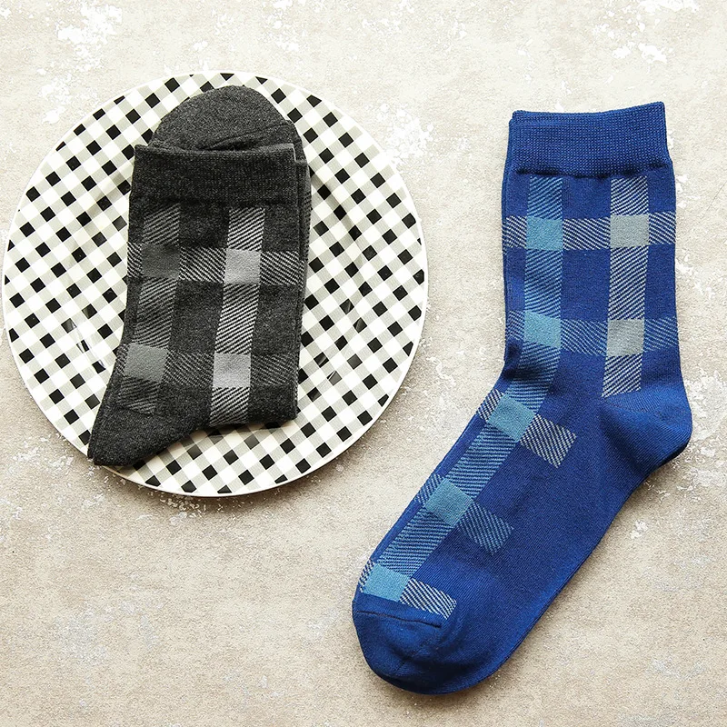 1Pair/lot Fashion Gird Cotton Socks For Men Blue Black Casual Classic Business Mujer Winter Soft Calcetine | Мужская одежда