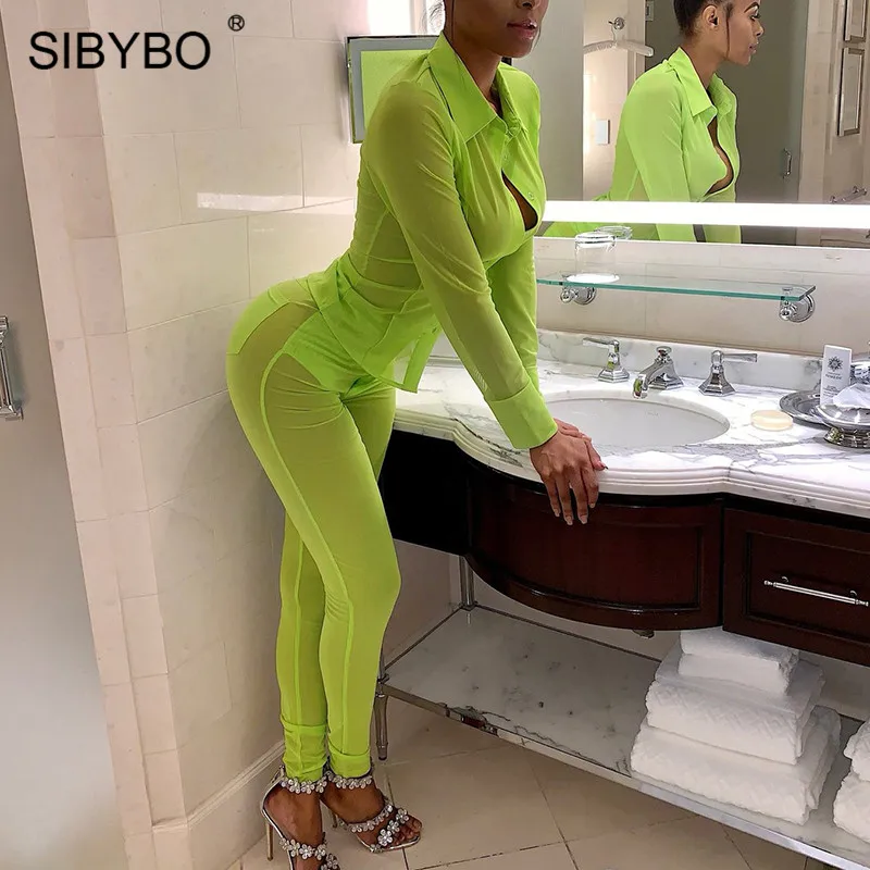 Sibybo сетчатый прозрачный сексуальный комплект из двух предметов, Женский комплект с длинным рукавом и пуговицами, летняя женская рубашка и штаны, комплект для ночного клуба, пляжный Женский комплект