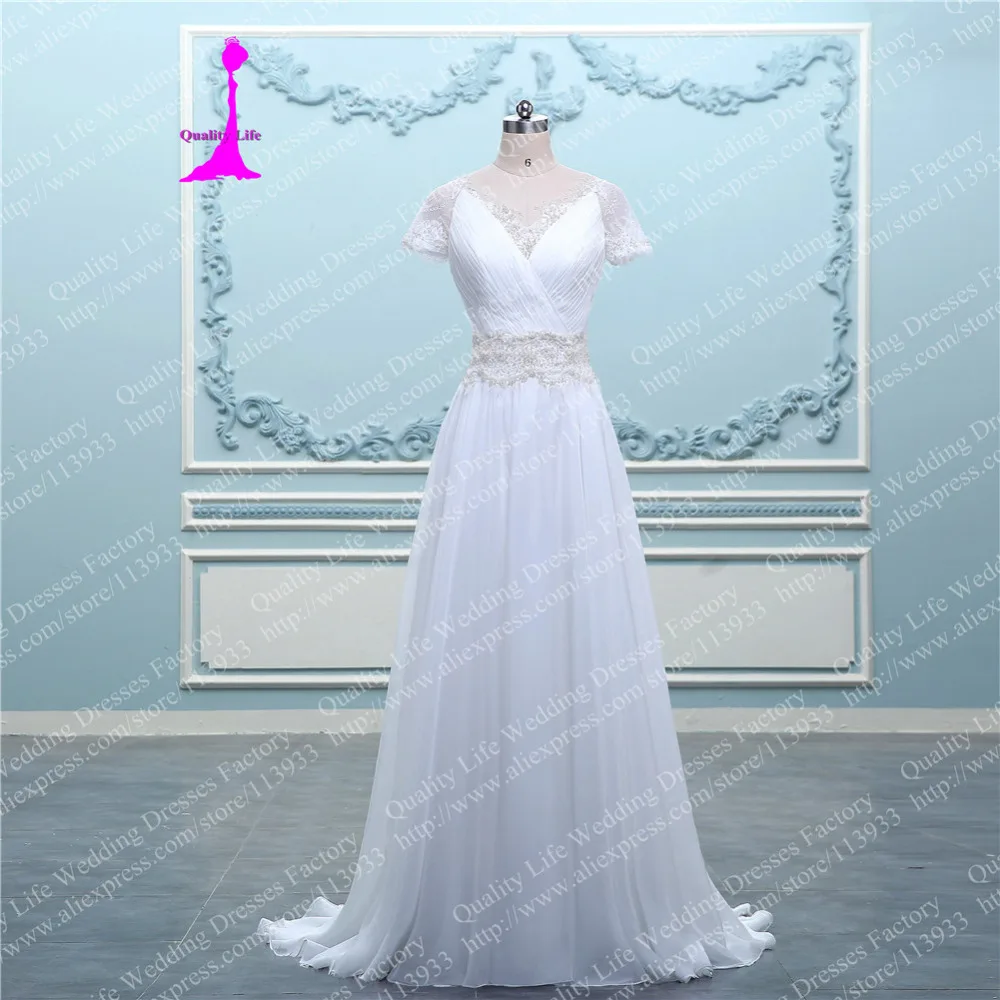 2017 Real Photo Шифон Пляж Кружева С Рукавами Из Бисера Пояс Ruched trouwjurk Vintage robe de mariage