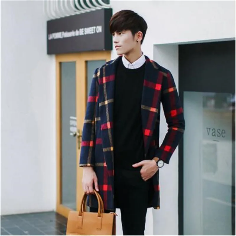 Корейская версия длинная кодовая ветровка Повседневная Клетчатая Мужская