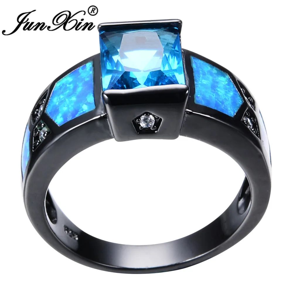 Женское и женское кольцо JUNXIN черное золотое с синим огненным опалом для