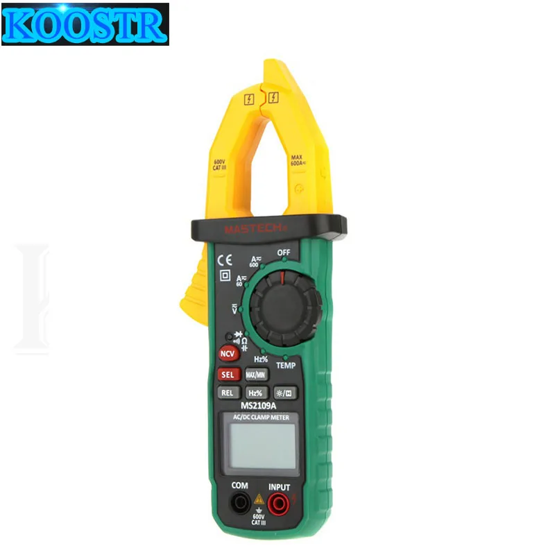 Mastech MS2109A True RMS Автоматический диапазон цифровой AC DC Клещи 600A мультиметр Вольт Ампер Ом Гц температура емкость тест er NCV тест
