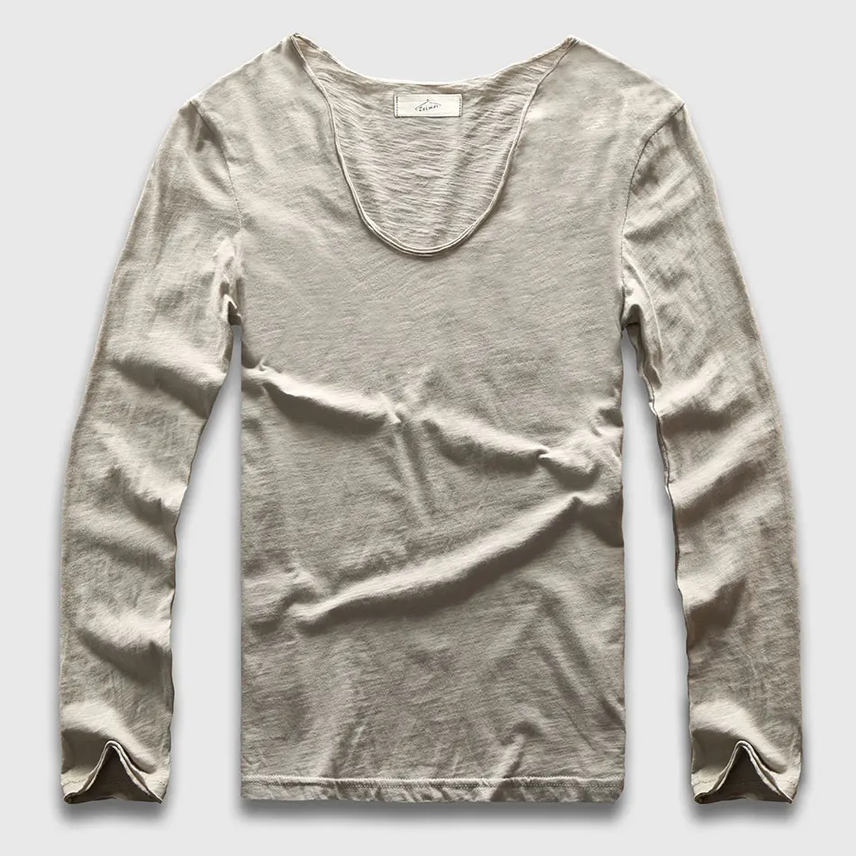 Light Grey 20 цветов, v-образный вырез, футболка с длинным рукавом для мужчин, хлопковая футболка, Мужская облегающая футболка, повседневные свободные футболки - Цвет: Light Grey