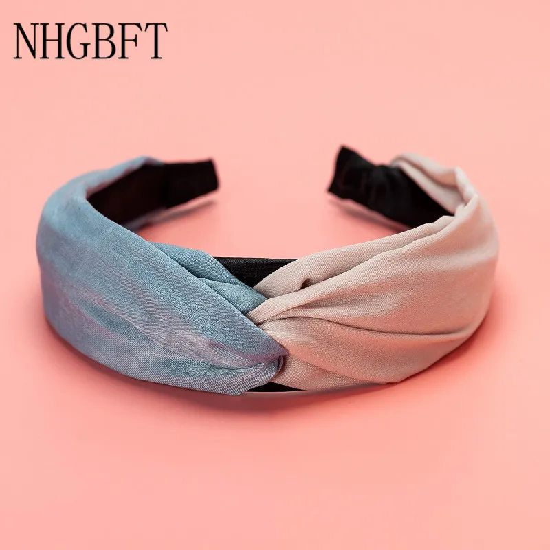 Pink Blue NHGBFT однотонная, с приметанными оборками головная повязка для женщин завязанная повязка широкие резинки для волос Головные уборы Прямая поставка - Цвет: Pink Blue