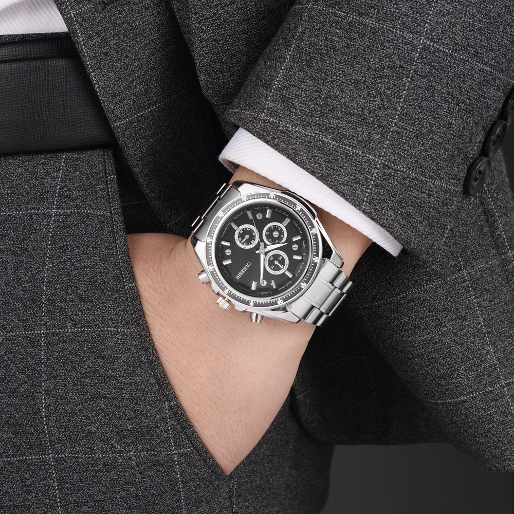 OUKESHI стильные мужские часы с тремя глазами модные повседневные Стальные