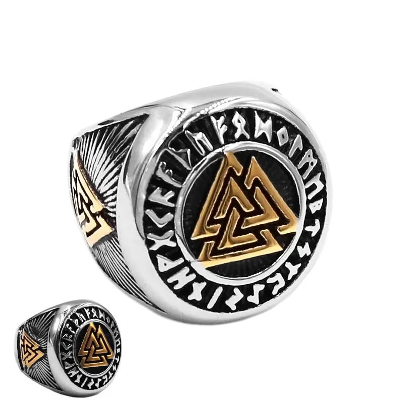 

Wholesale Norse Viking Rune Ring Stainless Steel Jewelry Gold Celtic Knot Nordic Rune Odin Symbol Amulet Biker Ring SWR0941A