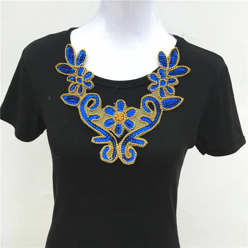 1pc Gold/Silver Beads Sequins Flower Lace Neckline Collar Sewing-On Embroidery Appliques For Dance Costumes Cloth Accessories | Дом и сад