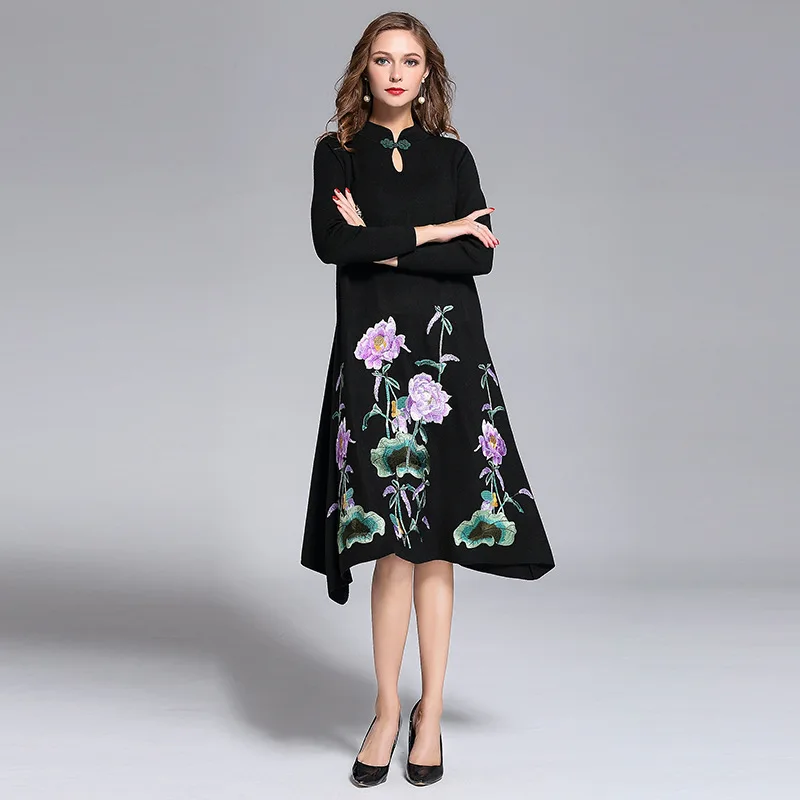 Новинка 2017 осенне-зимнее платье с вышивкой винтажная одежда для мамы вязаное