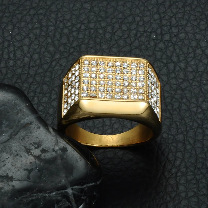 Хип-хоп микро проложить Стразы Iced Out Bling геометрическое Кольцо IP позолоченные