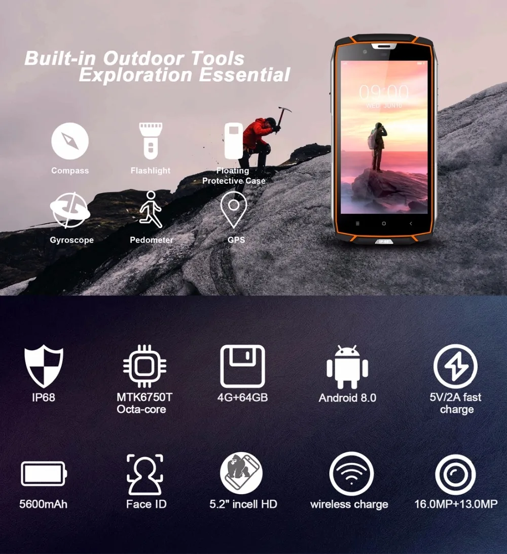 Vkworld VK7000 IP68 Водонепроницаемый смартфон 5 2 &quotMTK6750T Octa Core Android 8 0 Беспроводной