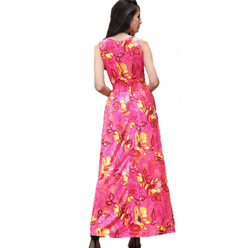 Новое платье 2017 года лето Печать безрукавное платье с глубоким V-образным вырезом на пляж, свободное до пола красное платье для женщин Fc073