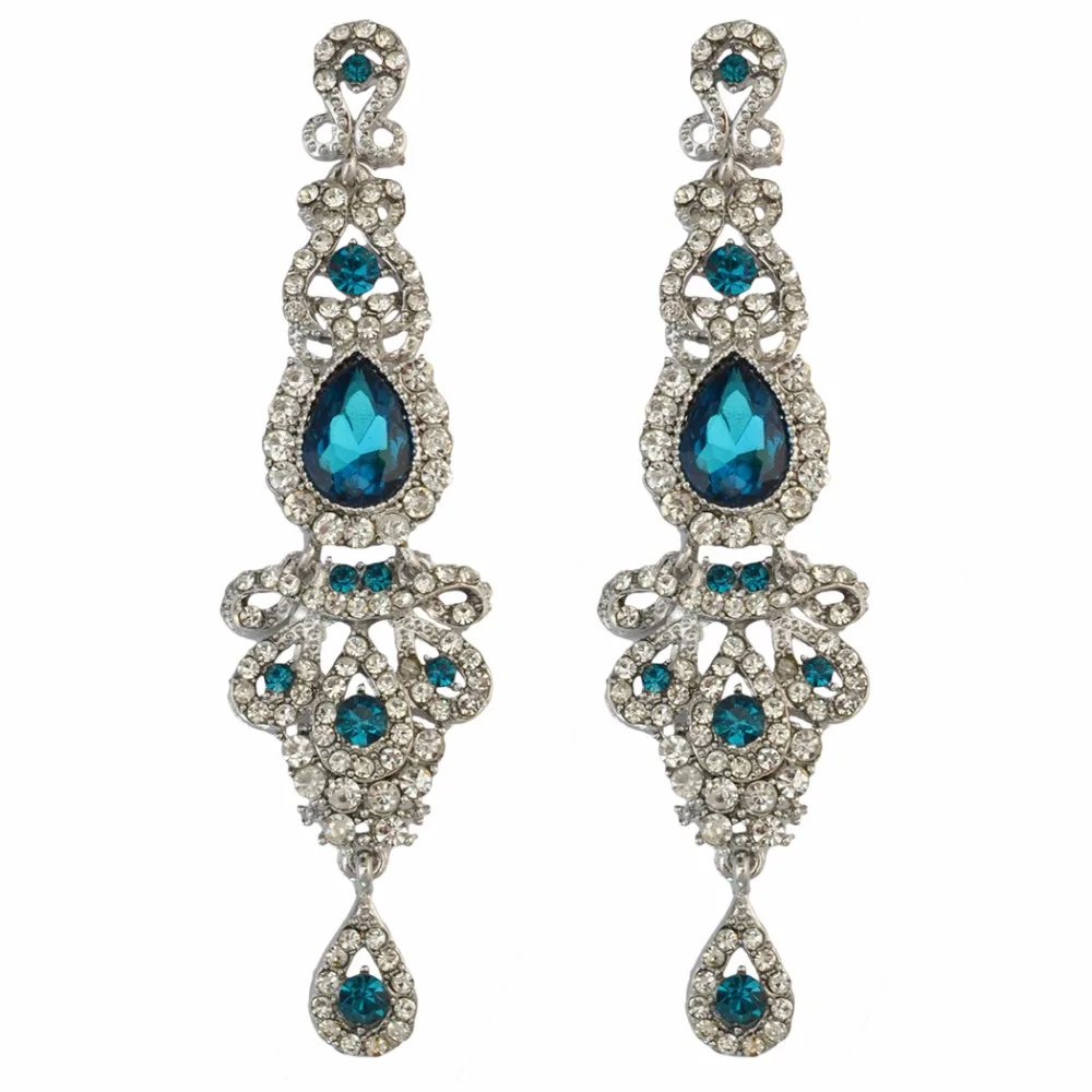 Женские длинные серьги с кристаллами синие фиолетовые зеленые сережки-люстры