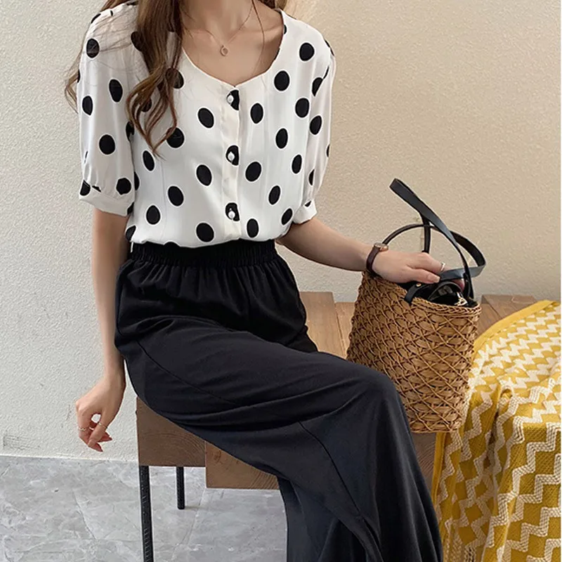 

Women Fashion Dot Print Shirt Basic Button Up Chiffon Blouse Tops Simple Loose Square Collar Short Sleeve Blouses