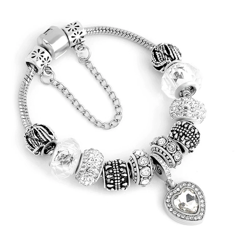 

Hot Sale Original Silver Color Crystal Brand Bracelet with Blue Murano Glass Beads Charm Bracelet Bangle for Women DIY Jewelry