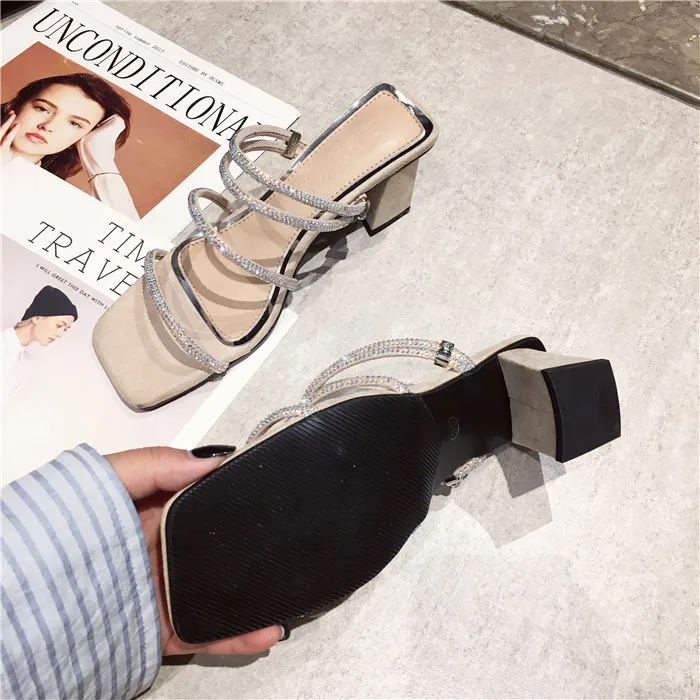 Slippers Heels Ladies Flip Flops Slides Woman Shoes Luxury Flock Square heel High Flip-flops Sliders Summer Designer Crystal