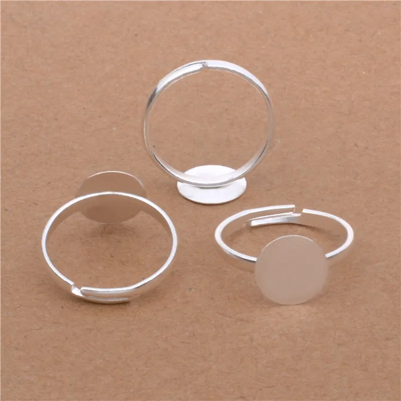 

40pcs Adjustable Ring Settings Base Blank Ring Settings Finger Ring Blanks Shiny Silver Color Copper Material 10mm Flat