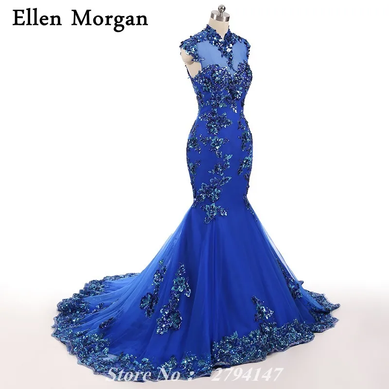 Женское вечернее платье синее кружевное с высоким воротом 2019|high neck evening dress|evening