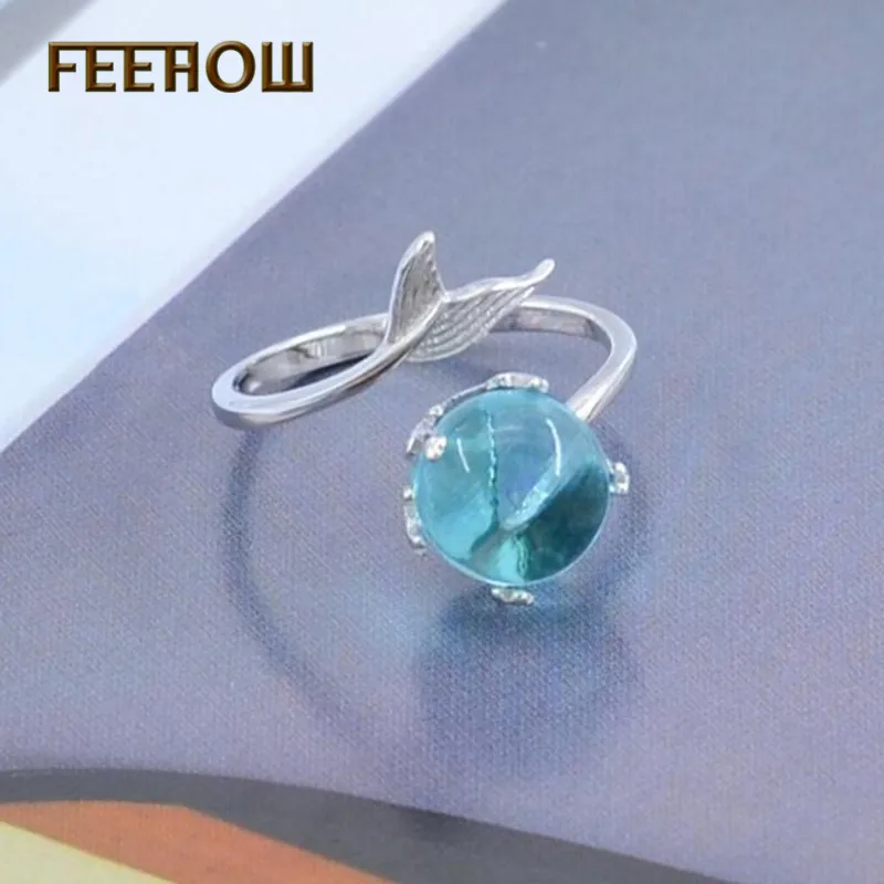 FEEHOW модные милые голубые кристаллы Открытые Кольца рыбий хвост Русалка