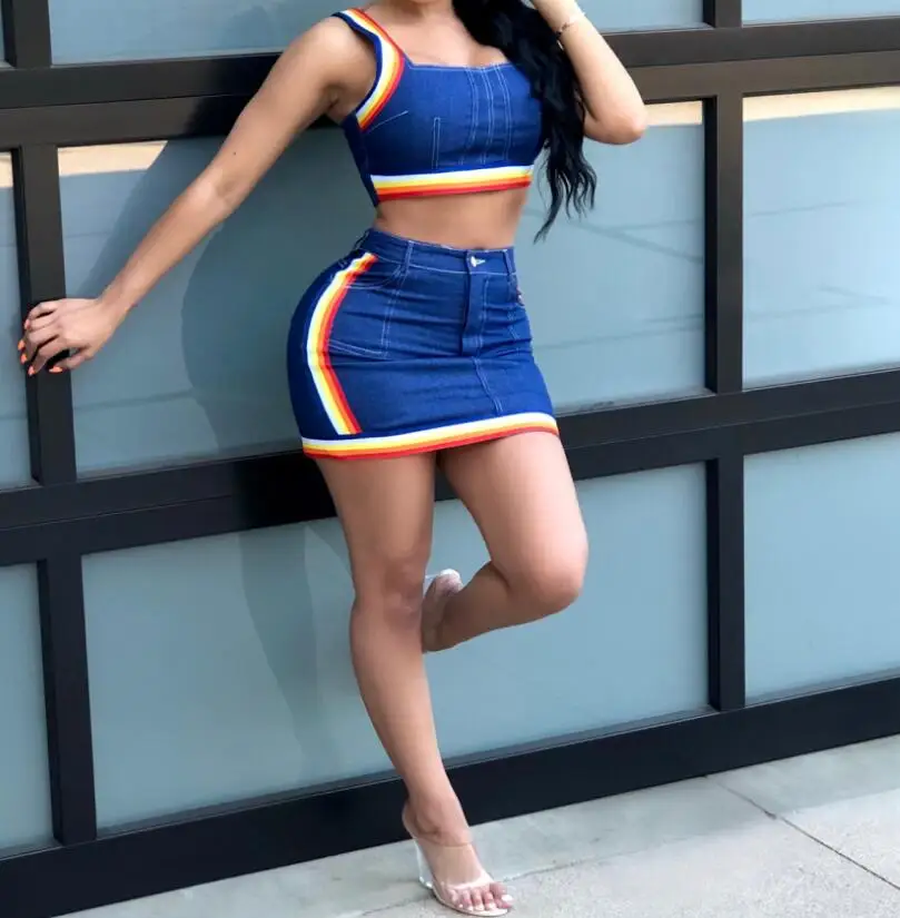 Сексуальный женский комплект из 2 предметов летняя джинсовая юбка Джинсовый без