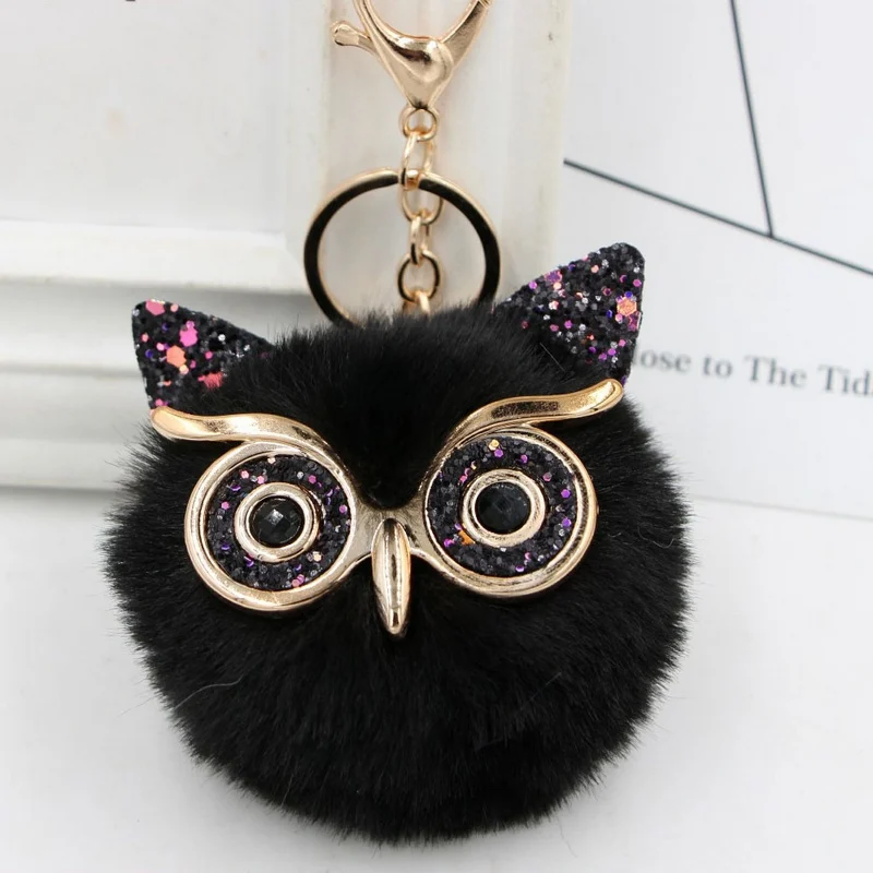 

Cute Girls Bling Glitter Owl Keychain Women Fluffy Rabbit Fur Pompom Owl Key Chain On Bag Car Trinket Jewelry Party Gift