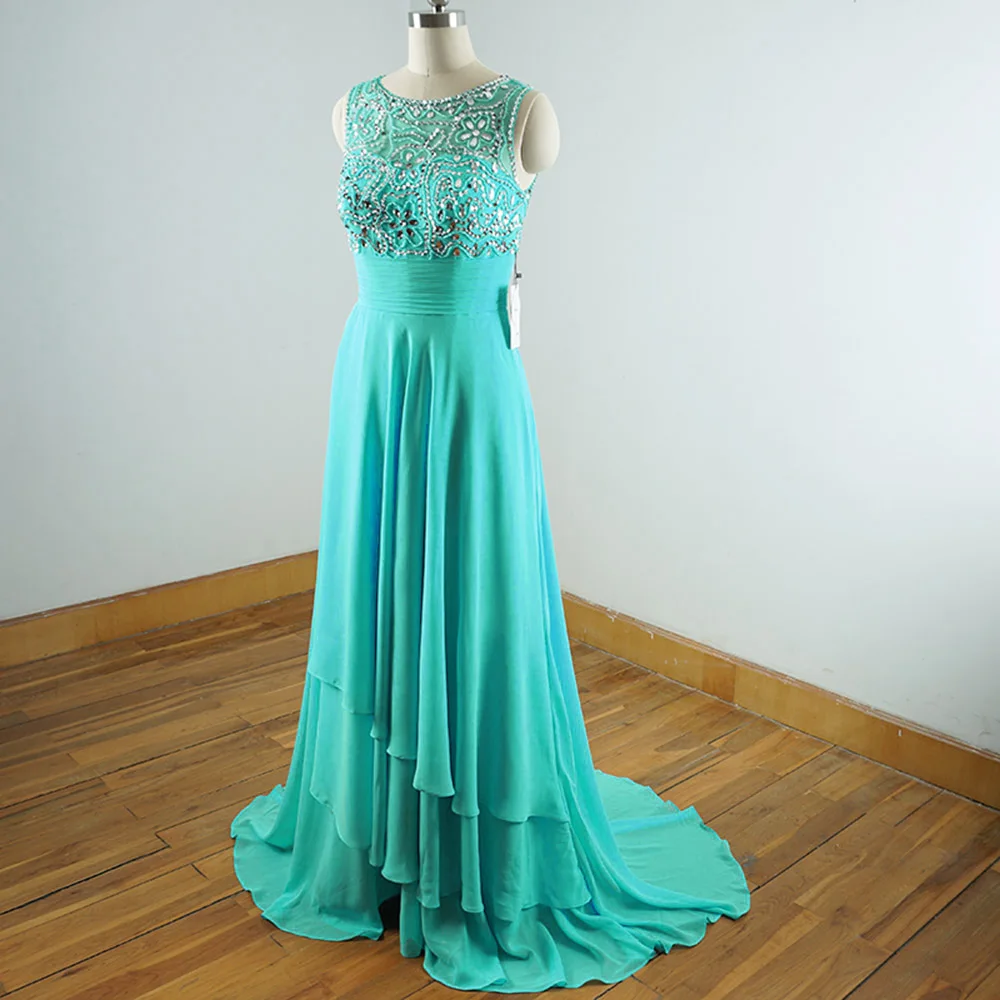Женское элегантное платье с круглым вырезом бирюзовое для выпускного вечера