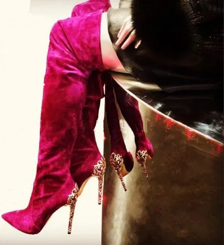 

Real Photo Hot Selling Pointed Toe Black Red Suede Leather Gold-tone Baroque Decoration Heel Over The Knee Boots High Heel Pump
