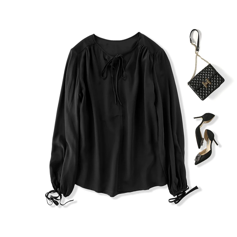 Women's lattern sleeve tie at collar red silk blouse top 2017 summer |