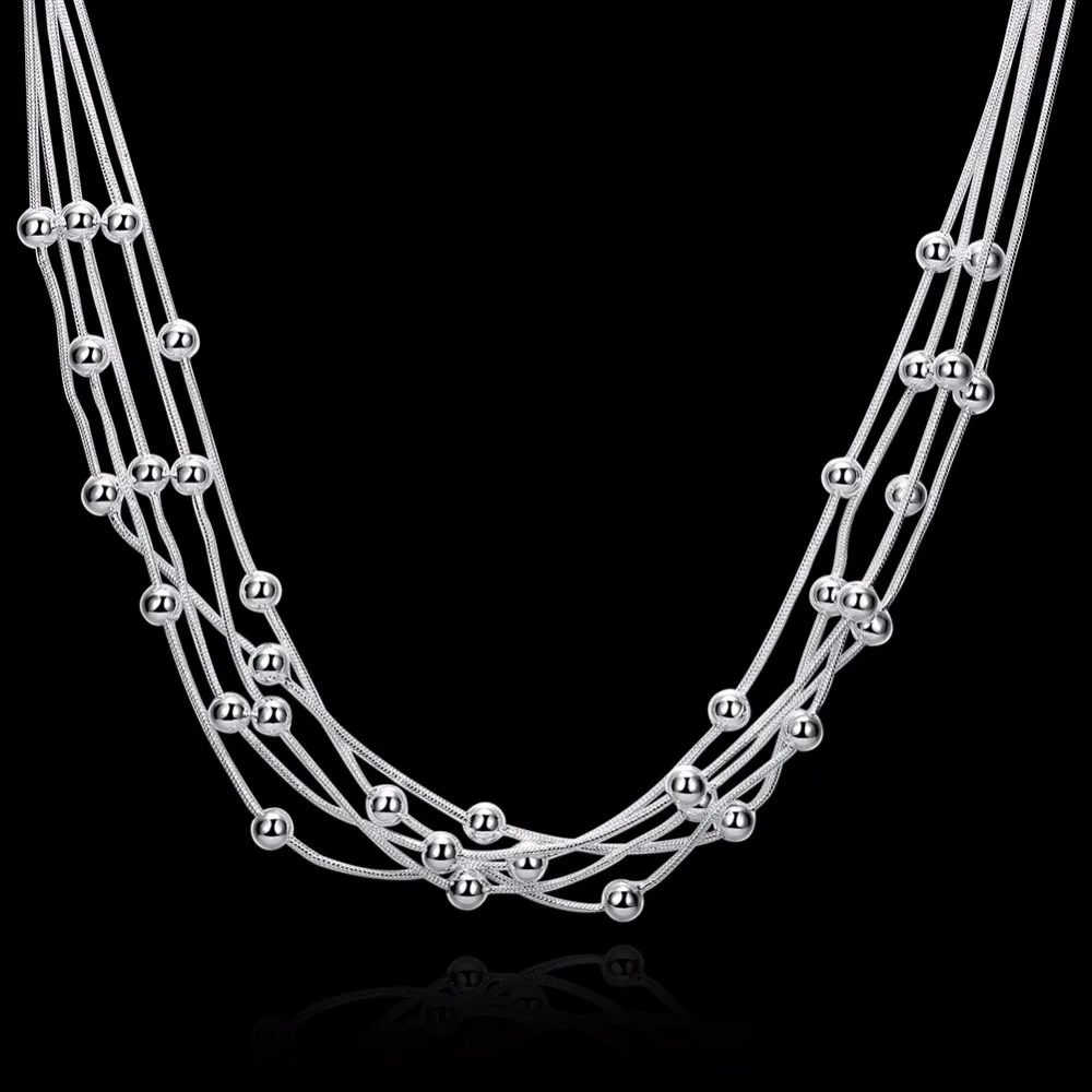Temperament lady five line light bead silver necklace 18-inch contracted ball pendant fashionable snake chain | Украшения и