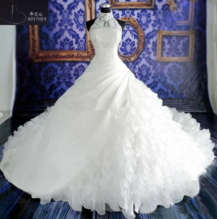 

Romantic Princess A Line Wedding Dresses High Neck Applique Ruffle Bridal Gowns with Royal Train White/Ivory Custom
