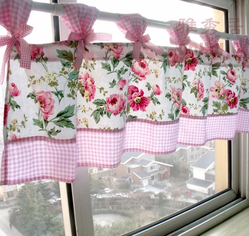 

Free shipping Plaid Bowknot peony flower cotton kitchen curtains for living room bedroom coffee curtain 150*40cm customized
