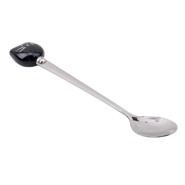 BlackCat Spoon Милая кошка вилка Нержавеющая сталь с длинным перемешиванием ложка, вилка для фруктов Кофе Нержавеющая сталь ложка с Керамика милый кот ручка - Цвет: BlackCat Spoon