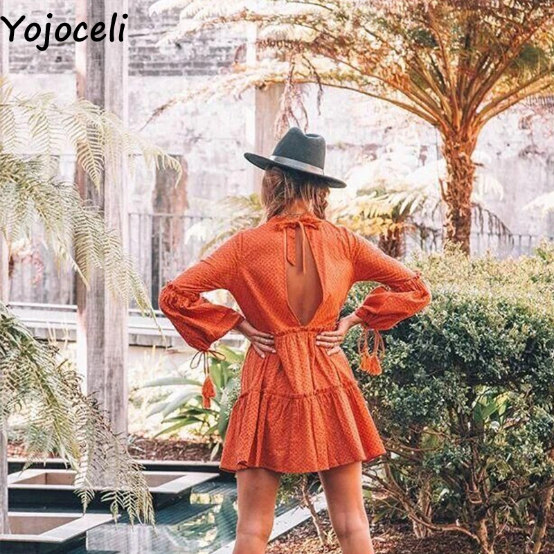 Yojoceli Lace tassel ruffle dress women Autumn party short sexy female vestidos Bow elegant daily | Женская одежда
