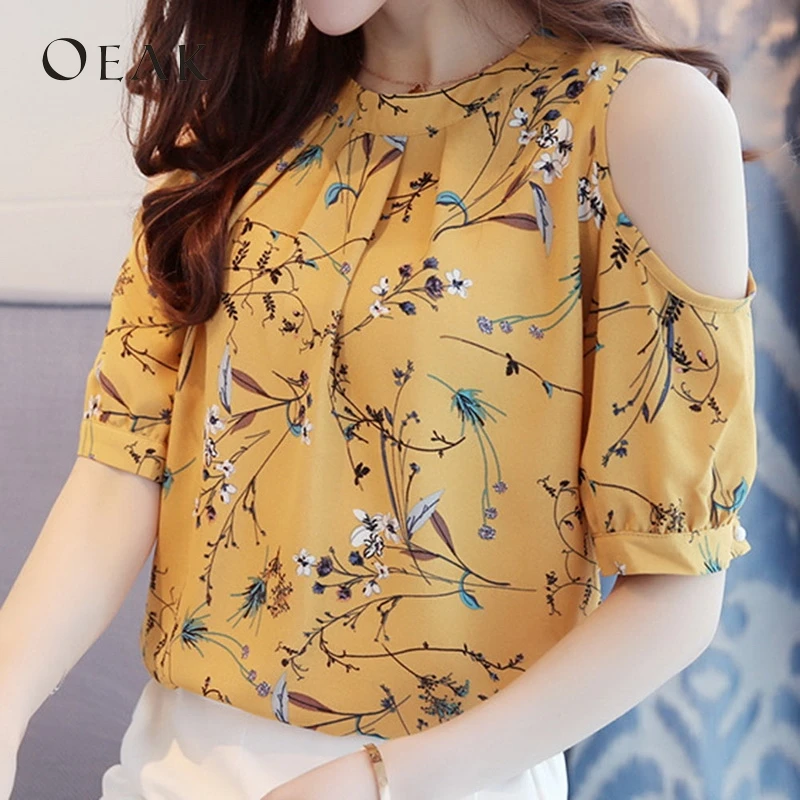 OEAK Women Summer Chiffon Blouse Sexy Cold Shoulder Shirts Casual Short Sleeve Floral Printed Tops Laides Elegant roupa feminina |