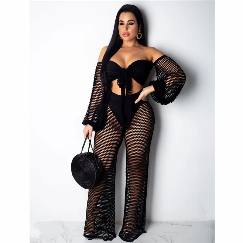 Женский Вязаный комбинезон с широкими штанинами длинные брюки сетчатый