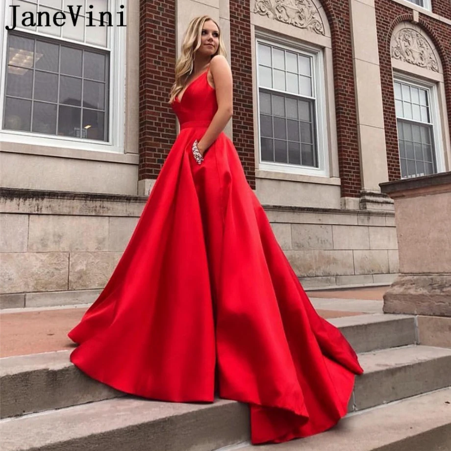 

JaneVini 2019 Elegant Red Prom Dresses with Pockets Beaded V Neck Sweep Train Satin A Line Evening Dress Long Party Gowns Custom