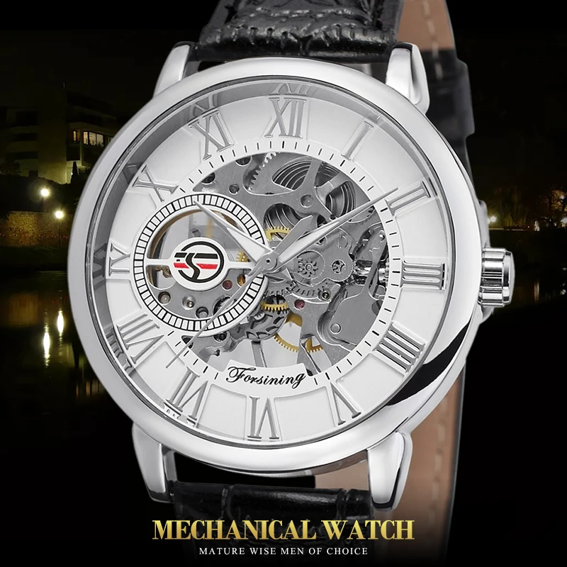 Forsining Марка Серебро Цвет Циферблат Скелет Часы Montre Homme сплав чехол кожаный