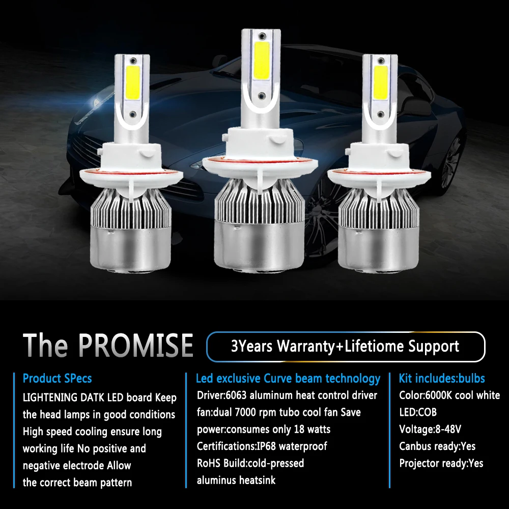 C6 LED Car Headlights 72W 7600LM COB Auto Headlamp Bulbs H1 H3 H4 H7 H11 880 9004 9005 9006 9007 Styling Lights | Автомобили и