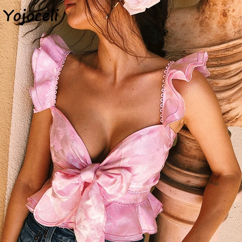 Yojoceli 2019 Мода рюшами женские блузки рубашки из кружев кроше с укороченные топы